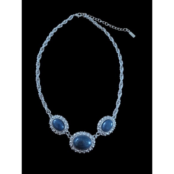 Vintage 1928 Statement Necklace Silver Tone With Blue Cabochone stones 16" - Picture 1 of 4